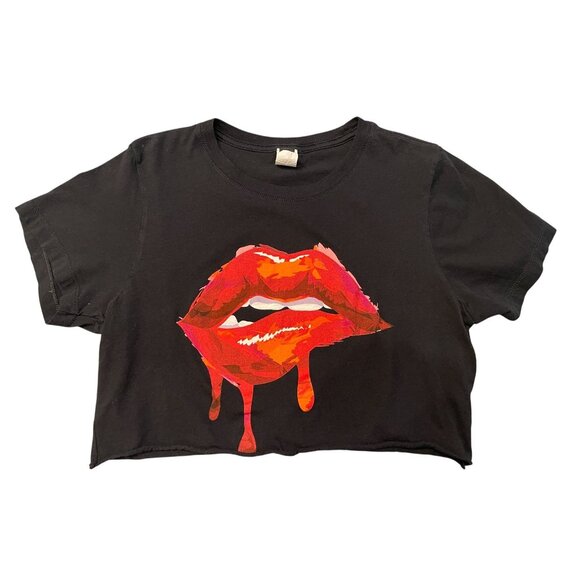 Y2K Windsor Wet red Lips Crop Top Tee Black dripping kiss - Picture 1 of 6